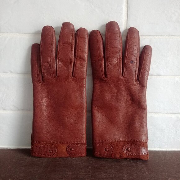 Vintage made in Italy lambskin leather rabbit fur lining brown warm gloves 7 1/2 - Picture 1 of 12